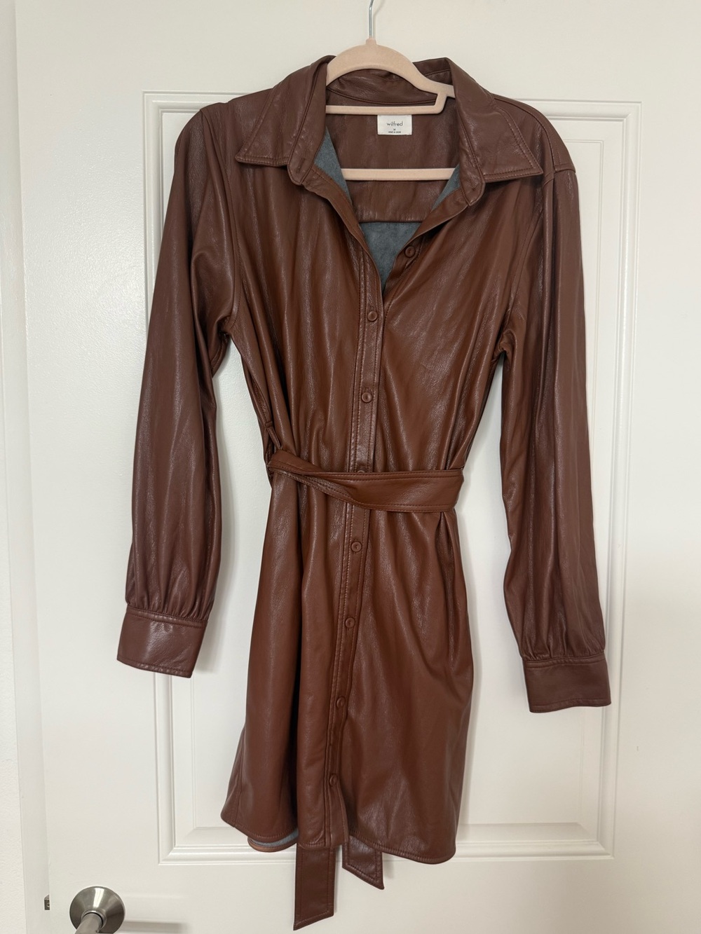 Aritzia Wilfred Faux Leather Long-Sleeve Shirt Dress in Chestnut Brown